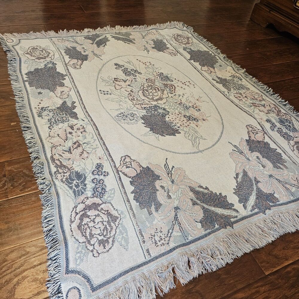 Vintage Reversible Floral Tapestry Throw Blanket Pink Blue Fringe Cottagecore...